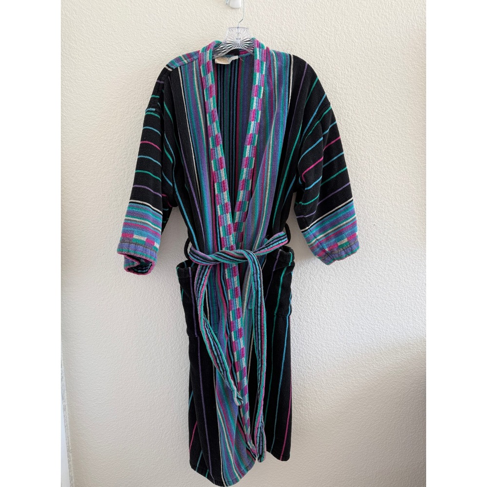 Vintage Jonathan Smythe Terry Cloth Robe Black Striped Multi Color Belted L/XL